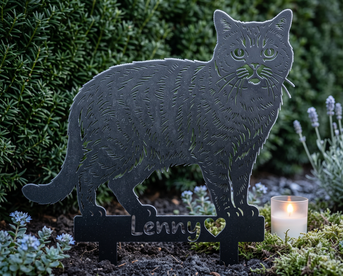 Katzenportrait aus Metall mit Namensschild im Garten