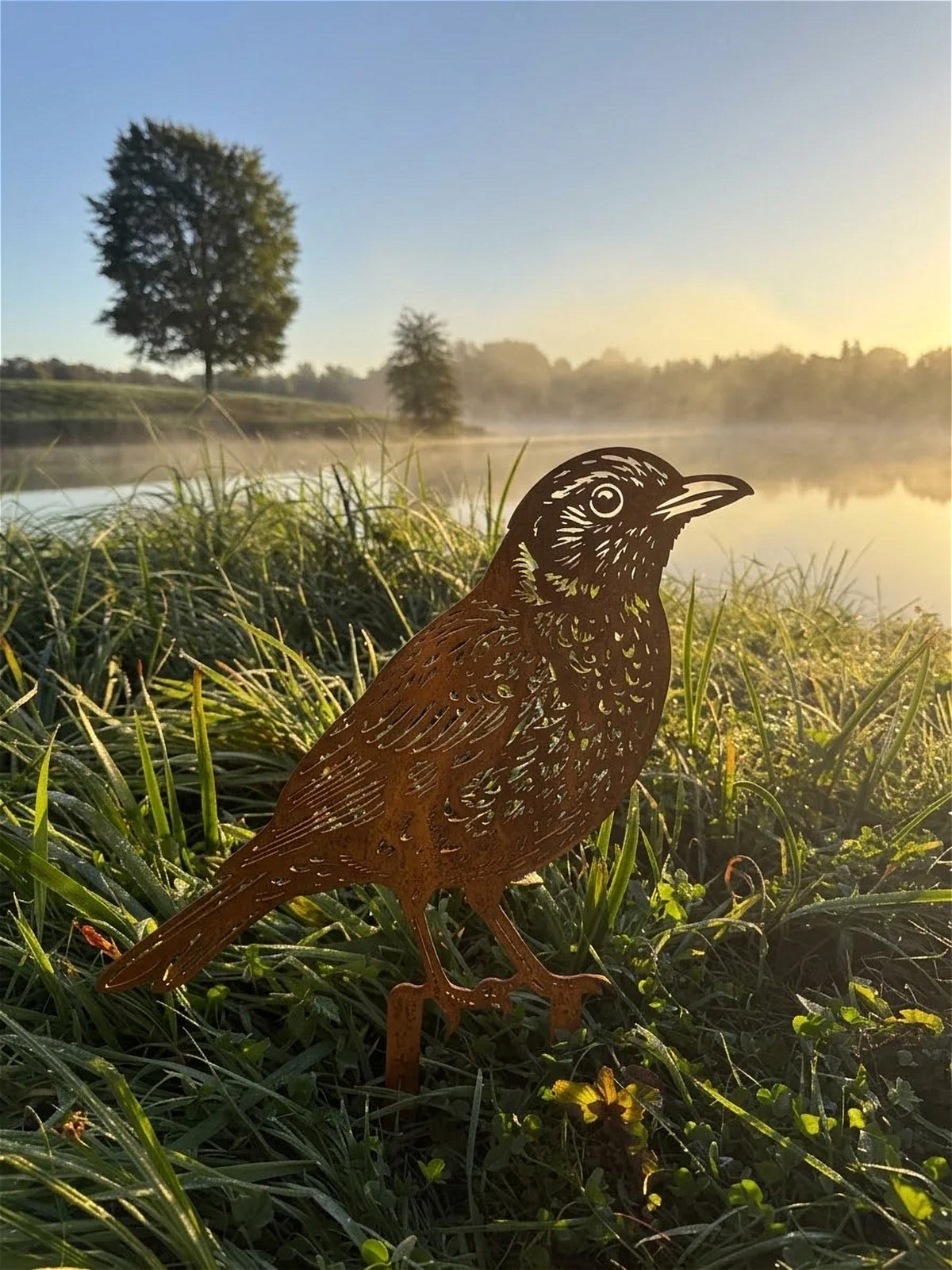 Edelrost Amsel Gartenstecker im Gras bei Sonnenaufgang